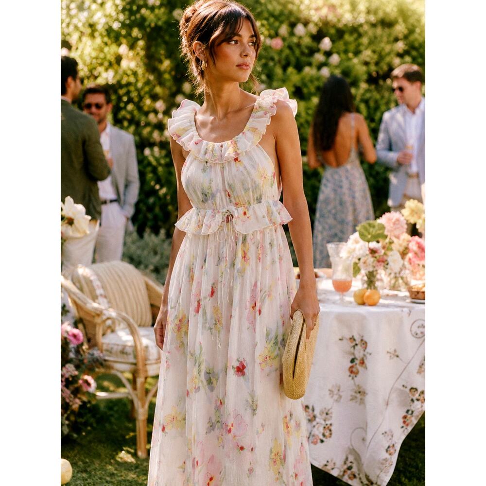For Love & Lemons L Romantic Abby Floral Maxi Dress $298 Backless Ruffle Cream
